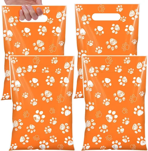 Miniatura 9 de Pasimy 100 bolsas de regalo de pata de perro a granel, diseño de pata de mascota, bolsas de plástico con asa para decoración de fiesta de cumpleaños