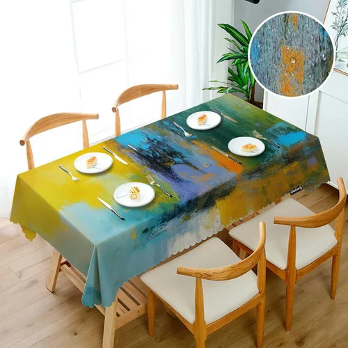 Miniatura 3 de Swono Mantel rectangular de pintura abstracta, diseño de bola de sol, color amarillo, turquesa, mantel de pícnic, mantel de poliéster para cocina