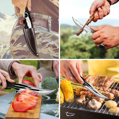 Miniatura 7 de Juego de cuchillos de caza de hoja fija, 2 piezas, cuchillo táctico de supervivencia con mango de espiga completa con funda para acampar al aire