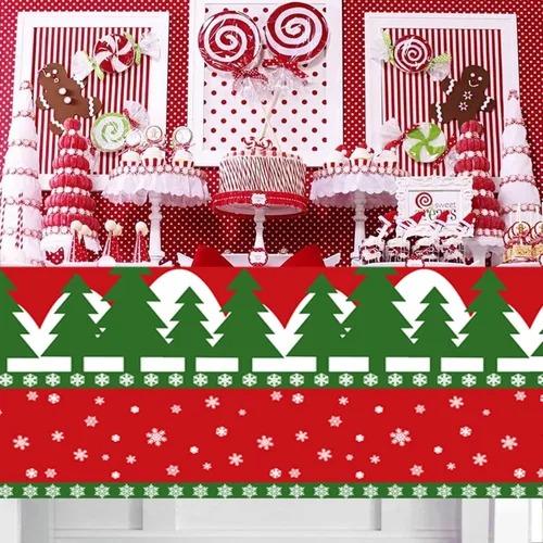 Miniatura 5 de Mantel de Navidad desechable, mantel de plástico para Navidad, color rojo, verde, blanco, mantel de árbol de renos y copos de nieve para decoración