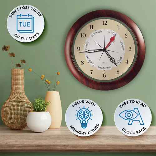 Miniatura 2 de Reloj de pared de hora y día de la semana con marco de acento de nogal de 13.5 pulgadas, regalo de jubilación ideal para hombres y mujeres, reloj
