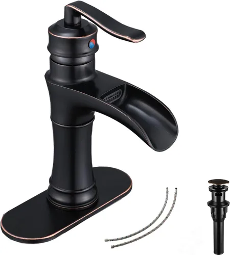 Miniatura 11 de Grifo de baño de cascada de latón antiguo GGStudy con una sola manija de un agujero, grifo de lavabo de baño a juego con drenaje desplegable