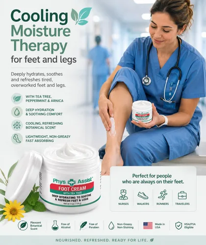 Miniatura 7 de PhysAssist Crema para pies con árbol de té – Crema hidratante profunda para pies y piernas para piel seca, cansada y sensible – Refrescante apoyo