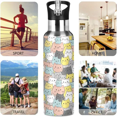 Miniatura 5 de BPA-Free Sports Water Bottle 20 Oz, Insulated Stainless Steel Water Bottle with Straw for Gym Outdoor Travel School, Cute Cats Colorful
