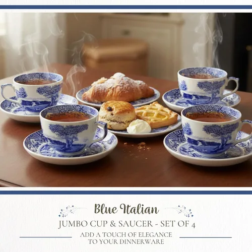 Miniatura 2 de Spode Taza de té y platillo italiano azul, juego de 4 tazas gigantes, taza de café, taza de 20 onzas para té, lattes, expresos y bebidas calientes