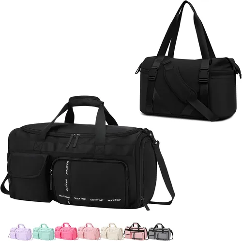 MAXTOP Bolsa de gimnasio grande para hombres y mujeres con compartimento para zapatos, separación húmeda y seca, bolsa de lona negra para viajes,