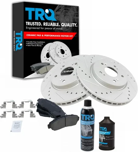 TRQ Kit de pastillas de freno delantero y rotor de cerámica de alto rendimiento con revestimiento G ranurado X perforado compatible con Acura RDX