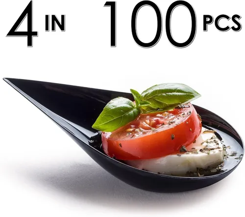 Miniatura 7 de DLux 100 platos mini de aperitivo en forma de gota de 4 pulgadas, cucharas reutilizables de plástico negro - Platos para servir postres y aperitivos