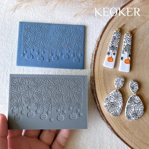 Miniatura 3 de Keoker Hoja de textura de arcilla polimérica para Halloween, tapete de textura de arcilla de Halloween para hacer aretes de joyería Hojas de textura