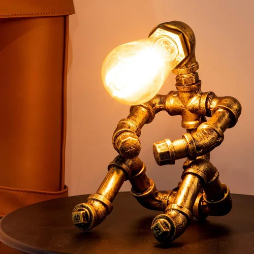 Miniatura 6 de Lámpara de Mesa Steampunk, Lámpara de Mesa de Robot de Metal Industrial Vintage, Lámpara de Mesa de Tubería de Agua, Luz de Escritorio Estilo Robot