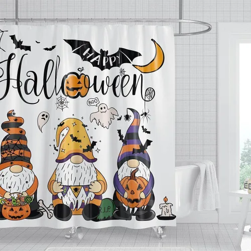 Cortina de ducha de gnomos de Halloween de 72 x 78 pulgadas, cortinas de baño de tela de otoño con diseño de caricaturas, calabaza, bruja, escoba,