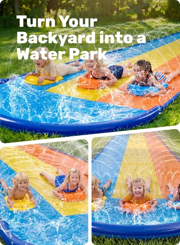 Miniatura 7 de Sloosh Tobogán acuático triple con 3 tablas de cuerpo, almohadilla de agua para césped de 22.5 pies, juguete de verano con aspersor avanzado