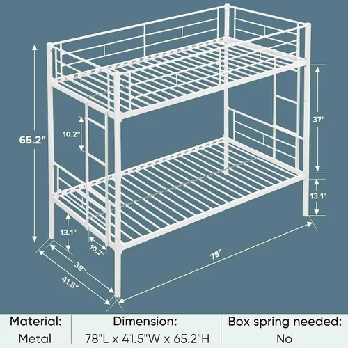 Miniatura 2 de Litera de metal con 2 escaleras y barandilla de seguridad, literas convertibles resistentes, base de cama individual sobre individual con espacio