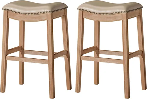 Miniatura 25 de Maven Lane Adrien Taburete de bar sin espalda, asiento de silla de montar de 31 pulgadas con reposapiés, marco de madera maciza gris y tapicería