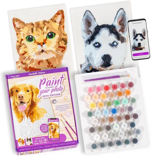Paintable Pictures | Pinte su foto por números: Edición Mascotas | Kit personalizable | Lienzo imprimible | Tecnología personalizada de pintura por