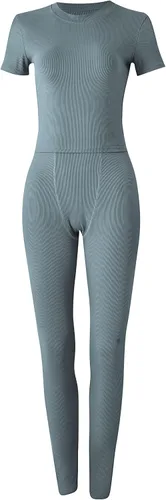 Miniatura 7 de LICOBOD Ropa de descanso acanalada casual 2 piezas conjunto de pantalones cortos para mujer sólido ajustado manga corta cuello redondo top +