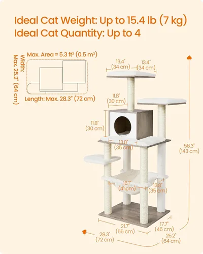 Miniatura 5 de Feandrea Árbol para gatos, torre moderna para gatos de 56.3 pulgadas, condominio de felpa de varios niveles con postes rascadores, hamaca, cojín