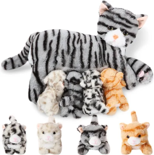 Skylety Animal de peluche Nurturing con 4 gatitos de peluche, gatos de peluche para niñas y niños, mamá gatita de peluche con gatitos para regalos