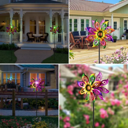 Miniatura 7 de Molinillo de viento solar de 360° con luces, girasol, jardín, decoración al aire libre, patio, césped, decoración artística para patio, molinos