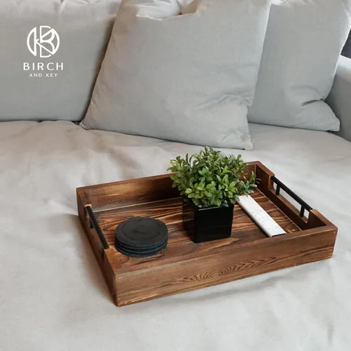 Miniatura 5 de Bandejas de bambú natural para servir modernas bandejas decorativas Otman con asas de metal, perfectas para sala de estar, dormitorio, entrada