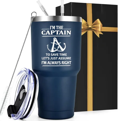 Miniatura 10 de Qtencas Vaso de viaje aislado de acero inoxidable con texto en inglés "I'm The Captain & I'm Always Right", regalos de navegación para hombres, día