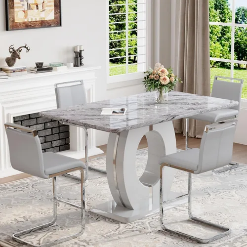 Miniatura 25 de Juego de mesa de comedor de mármol de 63 pulgadas para 6, moderno juego de mesa de comedor de altura de mostrador, mesa alta gris con taburetes