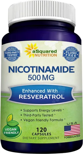 aSquared Nutrition Nicotinamida con resveratrol – 120 cápsulas vegetales – Vitamina B3 500 mg (sin descarga de niacinamida) – Suplemento píldoras