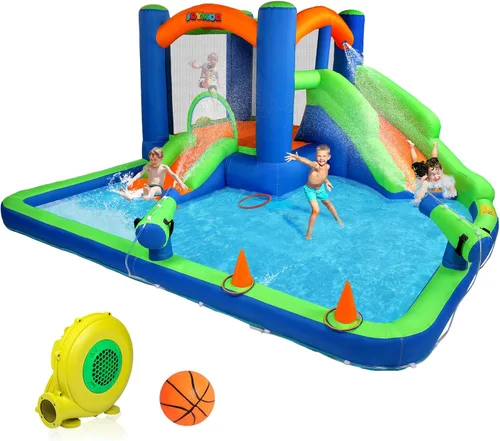 JOYMOR Casa inflable para tobogán acuático para 3-6, tobogán acuático inflable de 30 segundos con aro de baloncesto, cañón de agua, juego de