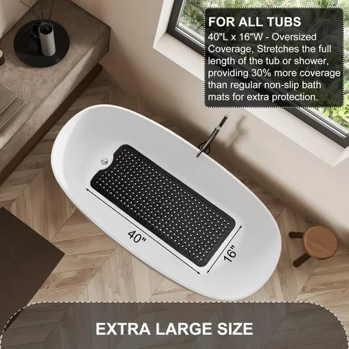 Miniatura 5 de TEESHLY - Alfombra para bañera y ducha, antideslizante de 40 x 16 pulgadas, tamaño extralargo y lavable a máquina, con orificios de drenaje y Negro