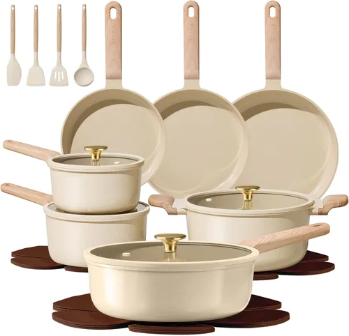 CAROTE Juego de 22 piezas de ollas y sartenes antiadherentes, juego de utensilios de cocina de cerámica, juego de cocina no tóxico, sin PFAS y PFOA