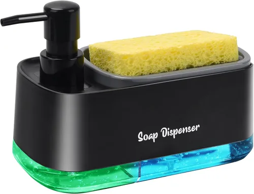 Juego de dispensador de jabón para platos de cocina, dispensador de jabón para platos y manos con soporte para esponja, esponja de encimera 3 en 1,