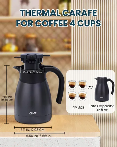 Miniatura 5 de Jarra térmica para café GiNT de 1L / 34Oz, jarras de café de acero inoxidable aisladas para mantener caliente/Jarra térmica de vacío de doble pared