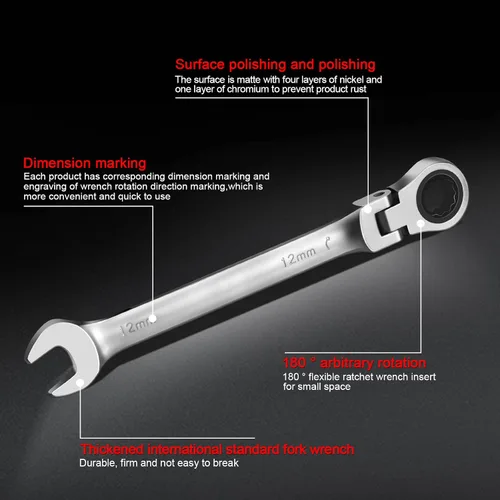 Miniatura 5 de WISEUP - Llave de trinquete CR-V forjada, llave de trinquete de cabeza flexible de 10 mm, llave de diseño industrial de doble uso, herramientas