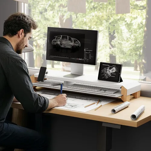 Miniatura 7 de Fenge Soporte de monitor para escritorio, elevador de monitor doble de 39 pulgadas para 2 monitores, estante de escritorio de madera maciza