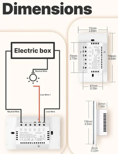 Miniatura 7 de Interruptor inteligente MOES Matter táctil de pared, interruptor de pared Wi-Fi con panel de vidrio, requiere cable neutro, un solo polo, 2.4GHz