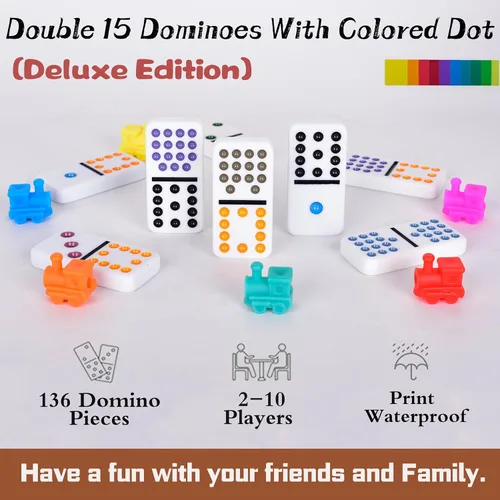 Miniatura 5 de Juego de dominó para adulto, juego de dominó doble de 15 puntos de colores, juego de dominó con funda de aluminio, 136 azulejos (2-10 jugadores)
