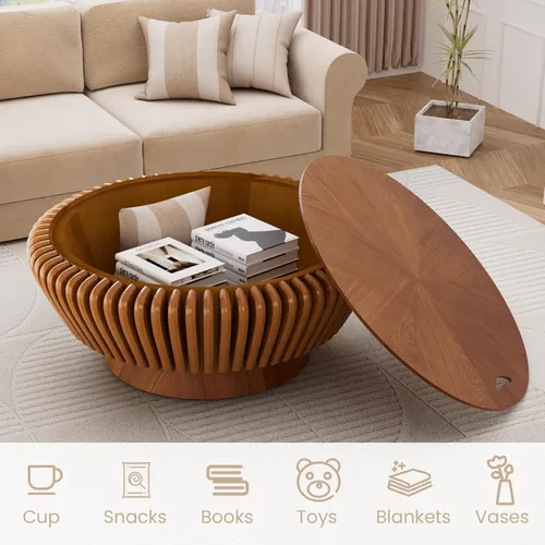 Miniatura 6 de Mesa auxiliar redonda con almacenamiento, mesa de centro moderna de tambor de madera de 35.4 pulgadas con cubierta, mesa central circular acanalada