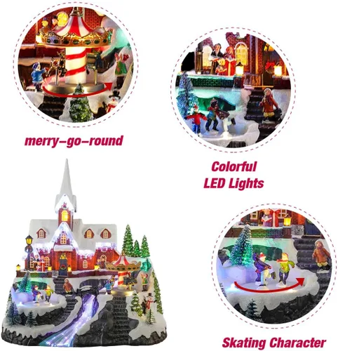 Miniatura 3 de Casa de iglesia de pueblo navideño de 15 pulgadas, escena animada de invierno con patinadores, carrusel giratorio, luces de fibra óptica y música