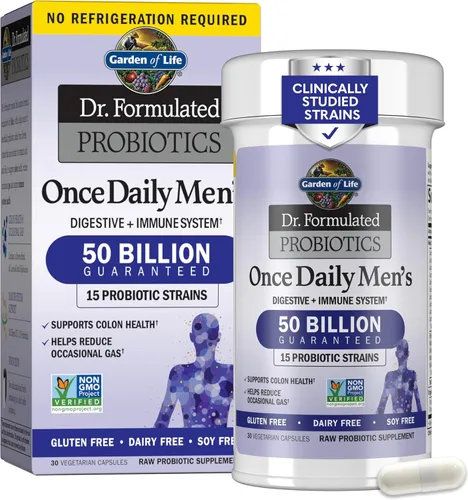 Garden of Life Probióticos para Hombres, formulado por médicos, 50 mil millones de CFU, 15 probióticos para la salud digestiva + fibra prebiótica
