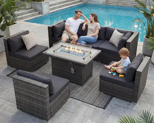 NICESOUL Juego de muebles de patio de ratán extra grande con mesa para fogata de gas y propano, 29.3 pulgadas, respaldo alto, cómodos conversaciones