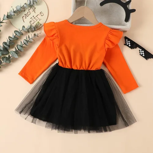Miniatura 4 de Vestido de princesa de tul de malla de tul de manga larga para niños pequeños (naranja, 2-3 años)