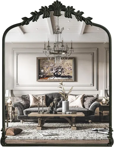 Miniatura 18 de WallBeyond Espejo vintage negro para tocador de 32x24 pulgadas, espejo negro antiguo con marco ornamentado, pared vintage arqueada para baño, sala