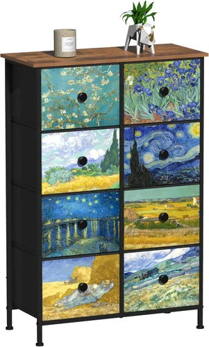 EXOTICA Cómoda alta con 8 cajones para dormitorio, cómoda estrecha de cajones Van Gogh para pasillo, clóset, sala de estar, marco de acero, rústico,