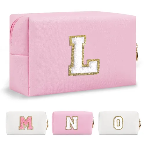 Miniatura 328 de Pequeña bolsa de maquillaje personalizada con inicial A-Z Preppy Patch, bolsa de cosméticos de viaje de felpilla blanca con cremallera, bonita bolsa