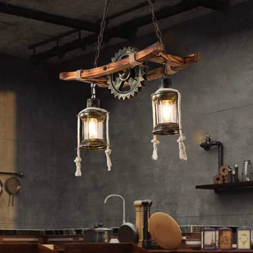 Miniatura 5 de Iluminación Colgante Retro de Madera Lámpara de Araña Industrial Vintage de Metal Negro Dormitorio Restaurante Lámpara de Suspensión Marco de Jaula