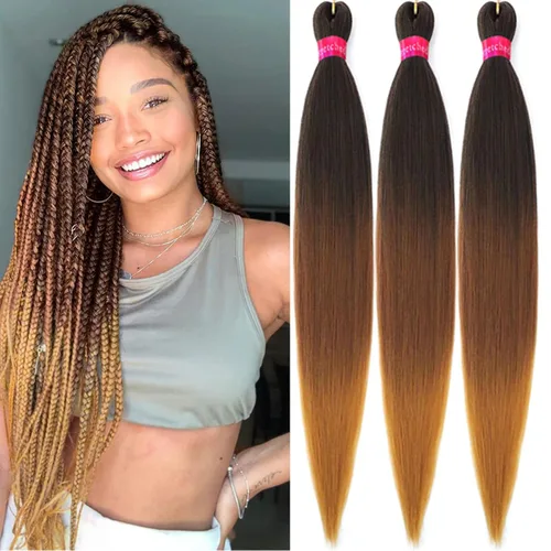 Miniatura 29 de Cabello trenzado preestirado, cabello trenzado degradado de 28 pulgadas, paquete de 8 extensiones de cabello trenzado de mezcla de colores sedosos