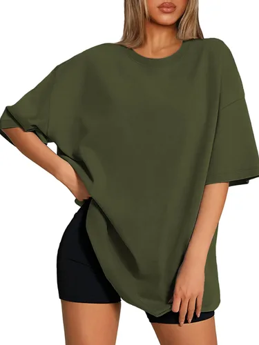 ATHMILE Camisetas de gran tamaño para mujer, ajuste holgado, cuello redondo, manga corta, blusa casual de verano, blusa básica Y2K 2025 para la playa