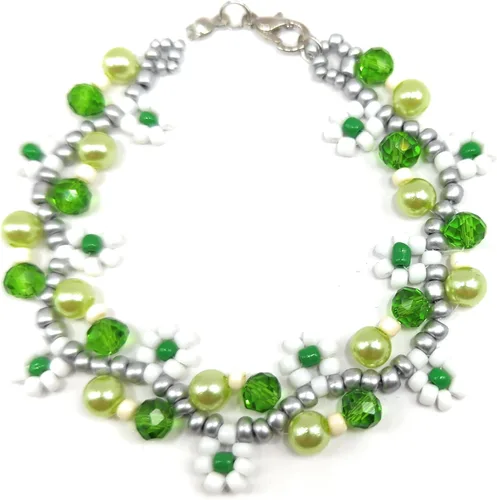 Miniatura 3 de Elegante brazalete para dama hecho a mano de perlas fantasia, cuentas de vidrio y cristales de 8" de largo, ideal para regalo, se envía empaque
