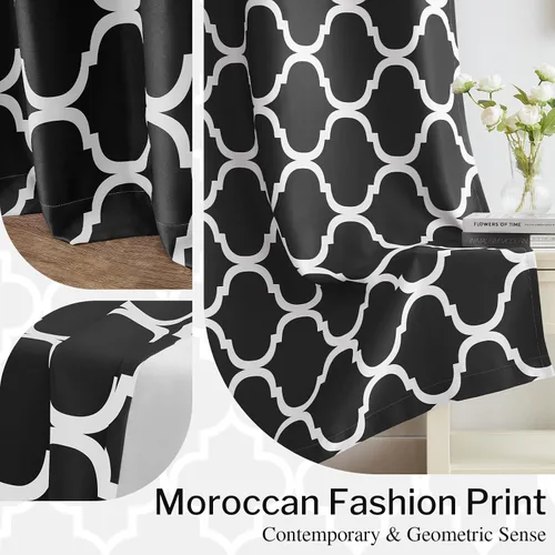 Miniatura 6 de Melodieux Cortinas opacas con ojales para oscurecer la habitación con estampado marroquí para ventanas pequeñas, 42 x 45 pulgadas, color negro