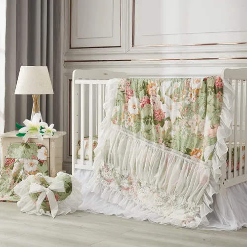 Miniatura 6 de Brandream Juego de ropa de cama de cuna para niñas, juego de guardería floral de jardín de 3 piezas edredón de bebé con volantes, sábana de cuna